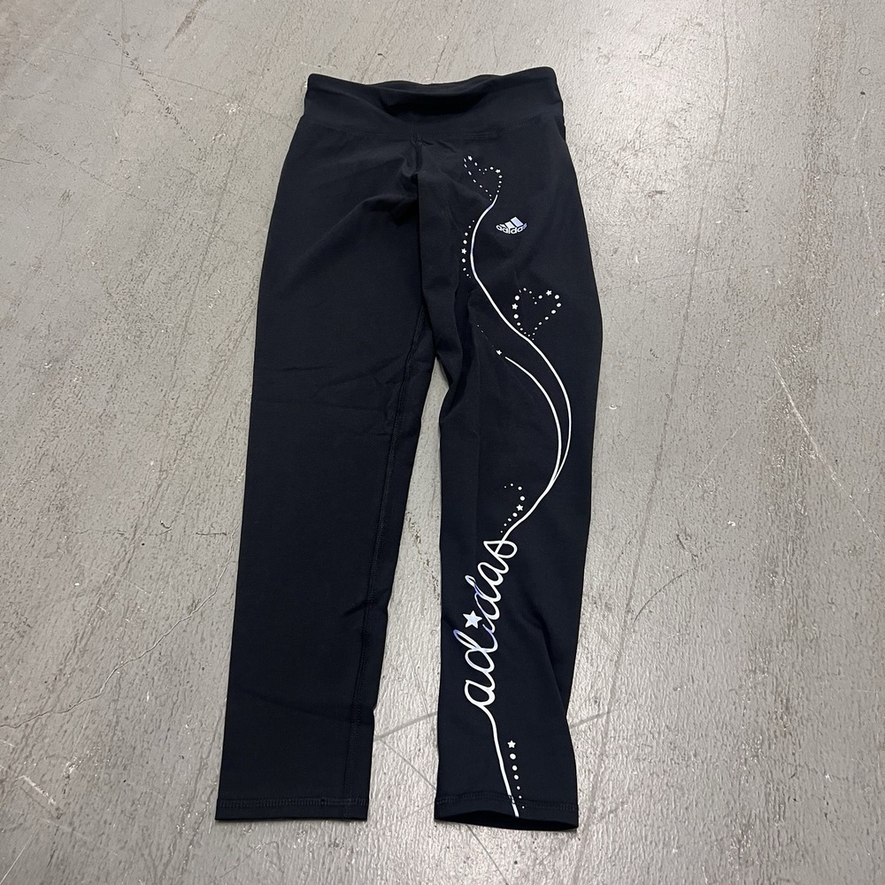 Adidas Girls' Size L Black White Spellout Tight‎ Fit Athletic Leggings Stretchy
